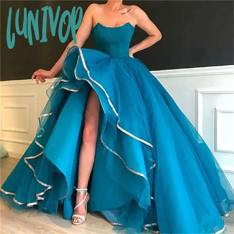 Lunivop Asymmetrical Sleeveless Dubai Prom Dresses Front Split Evening Dresses 2024 Strapless Dancing Prom Party Gown Dress