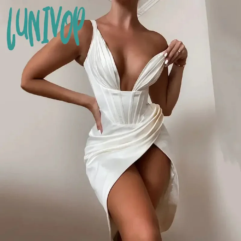 Lunivop Deep V Neck Spaghetti Strap Satin White Dress Sexy Birthday Party Dresses Night Green Draped Summer Elegant Dresses For Women