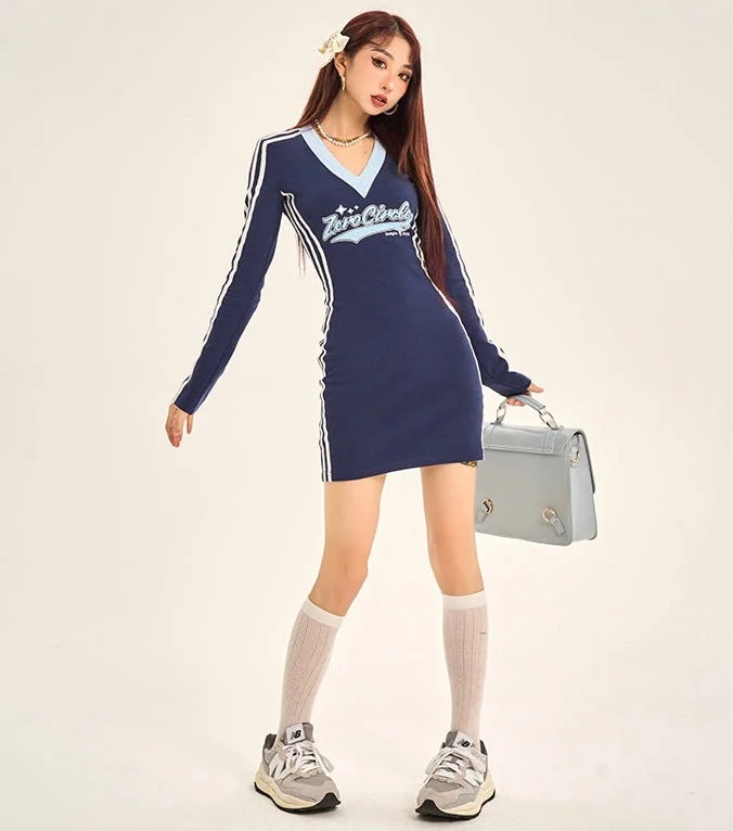 ZEROCIRCLE Graphic Letter Print Slim V Neck Long Sleeve Mini Dress