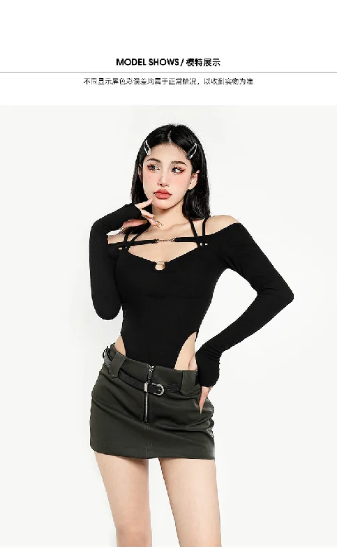 Belinda Solid Color Spaghetti Strap Off The Shoulder Long Sleeve Bodysuit Top