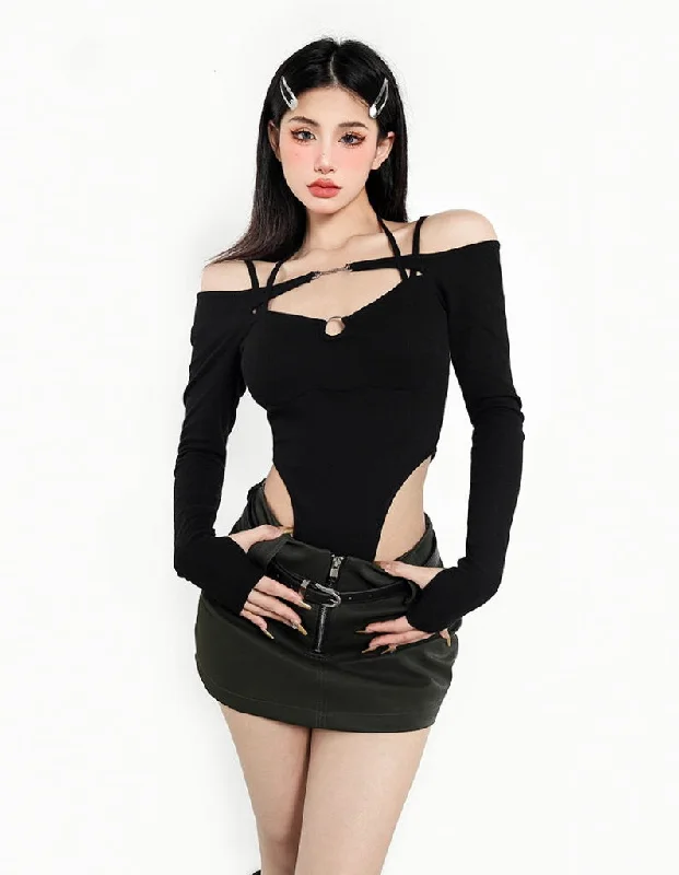 Belinda Solid Color Spaghetti Strap Off The Shoulder Long Sleeve Bodysuit Top