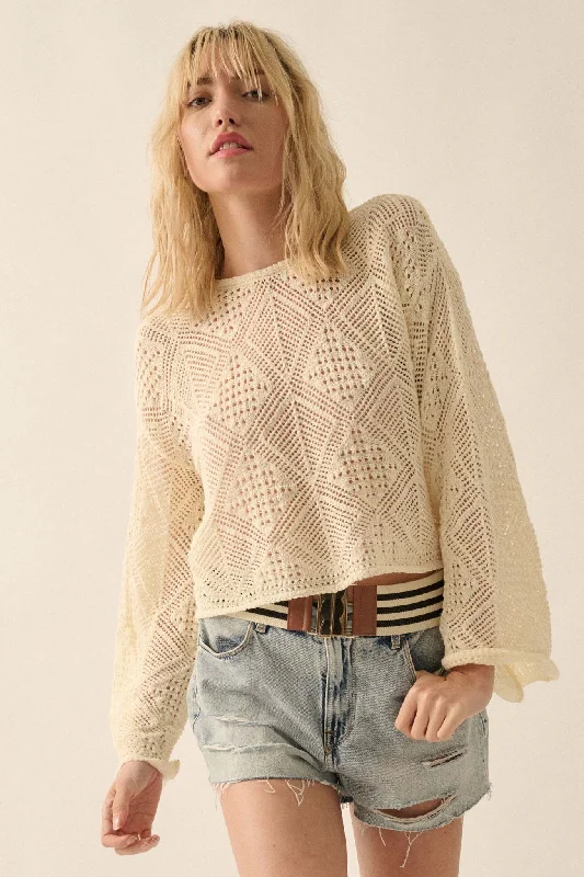 Diamond Doll Geometric Crochet Pointelle Sweater