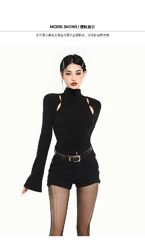 Diya Solid Color Black Cut Out Stitched Long Sleeve Turtlneck Slim Top