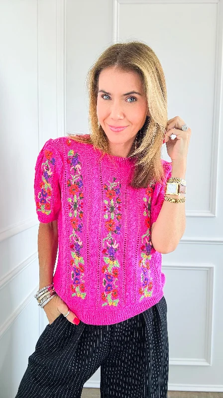 Floral Embroidered Short-Sleeved Crew Neck Sweater -  Fuchsia