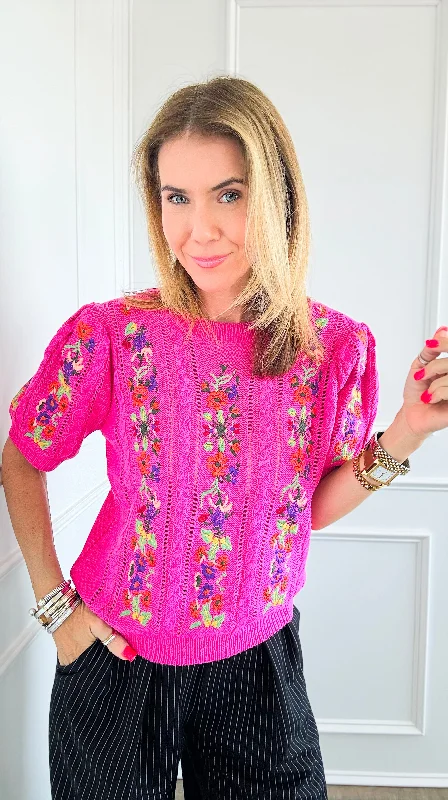 Floral Embroidered Short-Sleeved Crew Neck Sweater -  Fuchsia