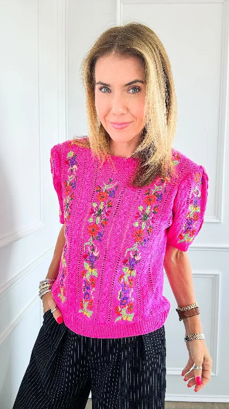 Floral Embroidered Short-Sleeved Crew Neck Sweater -  Fuchsia