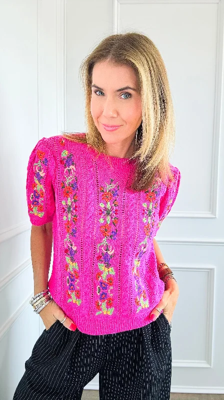 Floral Embroidered Short-Sleeved Crew Neck Sweater -  Fuchsia