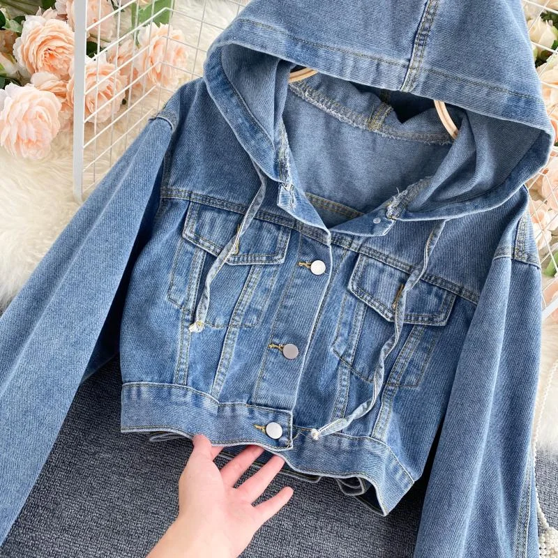 Fashionable denim long-sleeved top and hooded cropped top  248