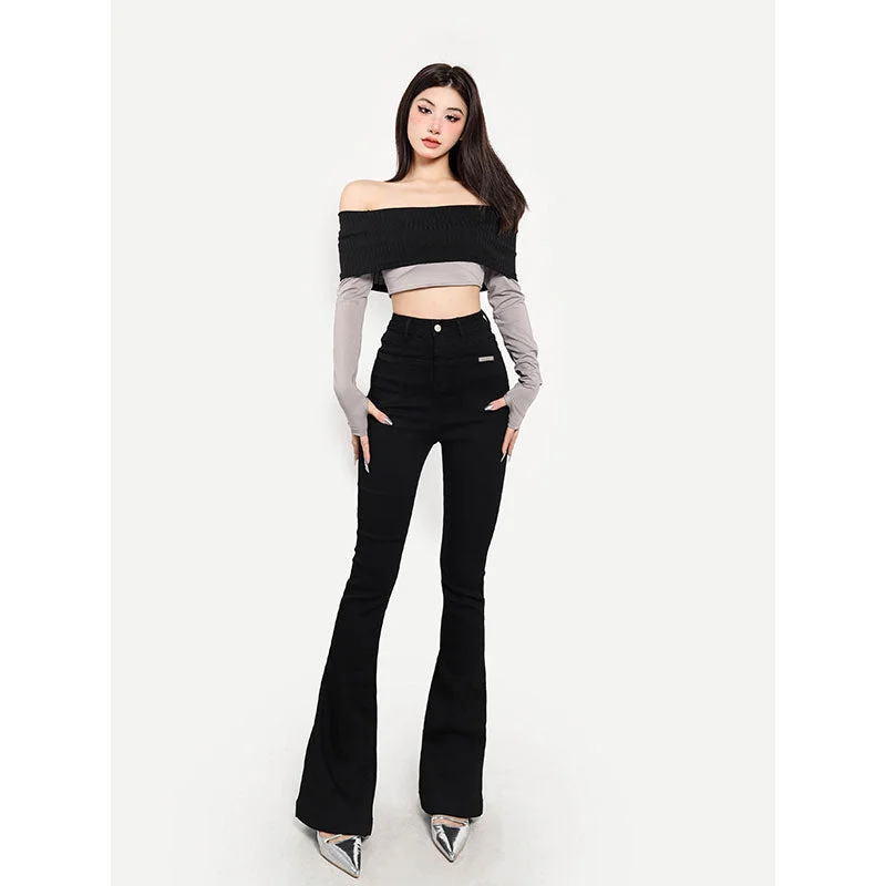 Giana Contrast Color Off the Shoulder Long Sleeve Slim Cropped Top