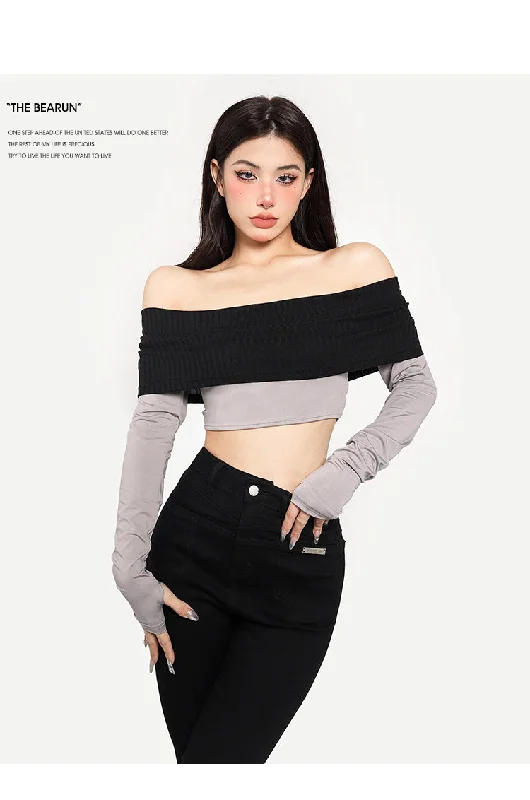 Giana Contrast Color Off the Shoulder Long Sleeve Slim Cropped Top