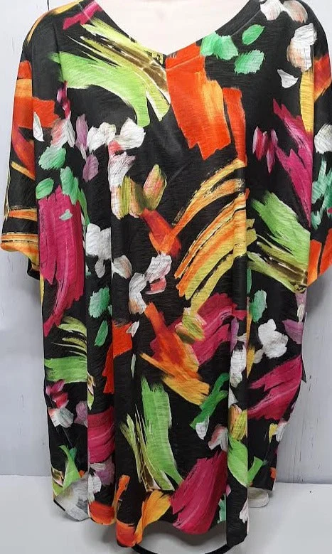 Jess&Jane 60-1674 Blossom Black/Multi Color Pullover V Neck 1/4 Sleeve Women's