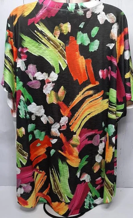 Jess&Jane 60-1674 Blossom Black/Multi Color Pullover V Neck 1/4 Sleeve Women's