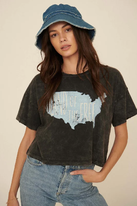 Land of the Free Vintage-Wash Cropped Graphic Tee