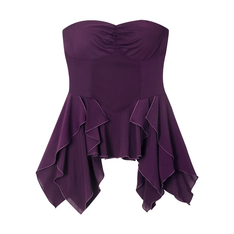 Lola Solid Color White Purple Bandeau Sleeveless Ruffle Pleated Top