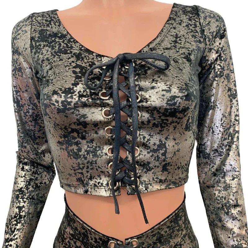 Long Sleeve Lace-Up Crop Top - Gunmetal on Black Gilded Velvet