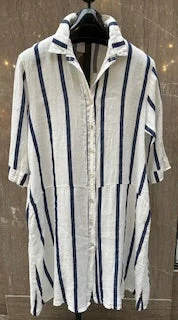 Long Tunic - Button down front - Button up sleeve - Front pocket 100% Linen - Women- Blue stripe -ONESIZE