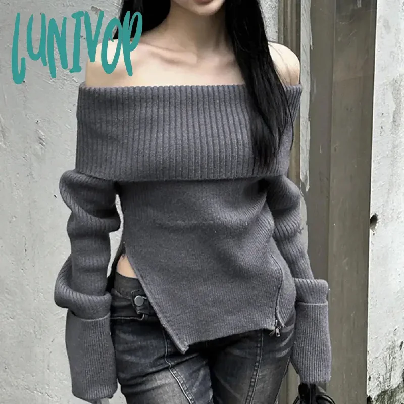 Lunivop Korean Fashion Off Shoulder Knitted Jumpers For Women Zipper Split Slim Long Sleeve Gray Solid Simple Street Sweaters