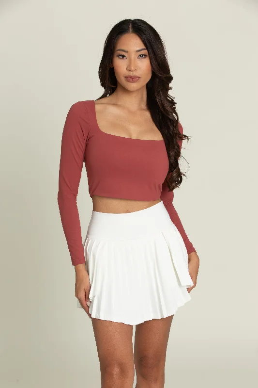 Pale Red Square Neck Long Sleeve Top