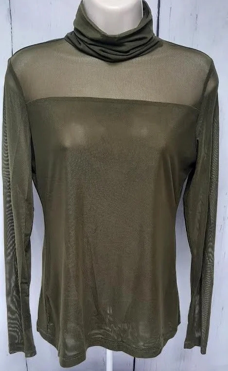 Top-Turtle Neck-Long Sleeve-Sheer-Olive-Women's-10220729