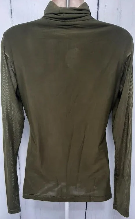 Top-Turtle Neck-Long Sleeve-Sheer-Olive-Women's-10220729