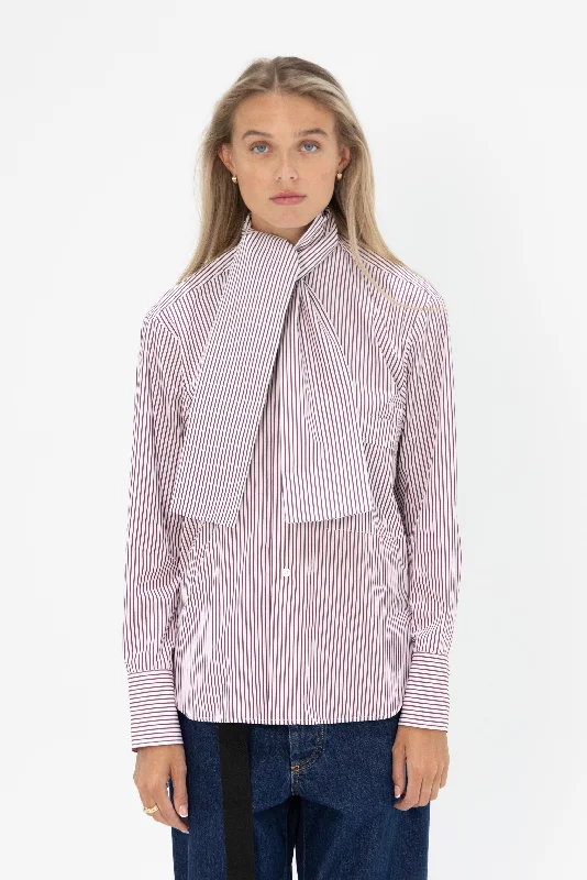 Stripe Cotton Shirt with Scarf, Bordeaux