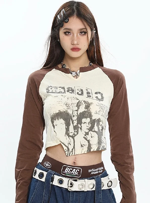 RABBIC Graphic Image Print Patchwork Long Sleeve Cropped Top