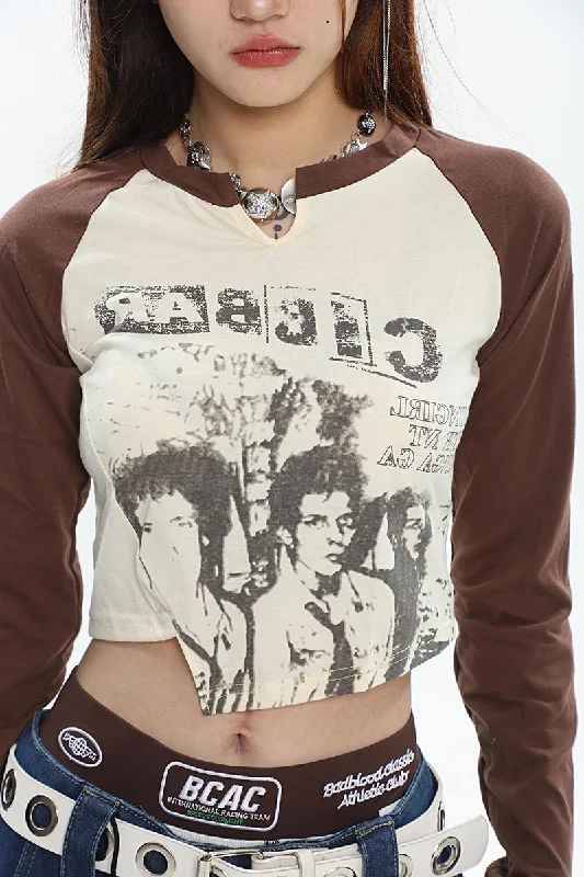 RABBIC Graphic Image Print Patchwork Long Sleeve Cropped Top