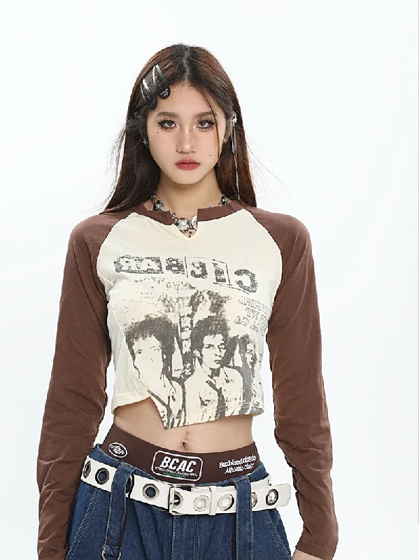 RABBIC Graphic Image Print Patchwork Long Sleeve Cropped Top