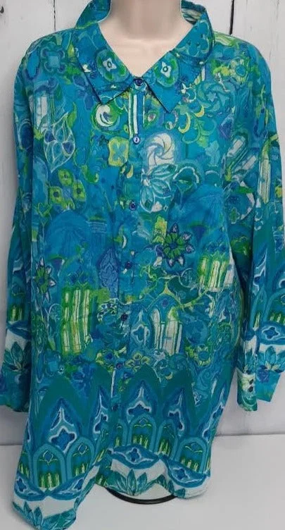 Shirt-3/4 Sleeve-Sheer Ocean Blue, Button Front-Womens-42060