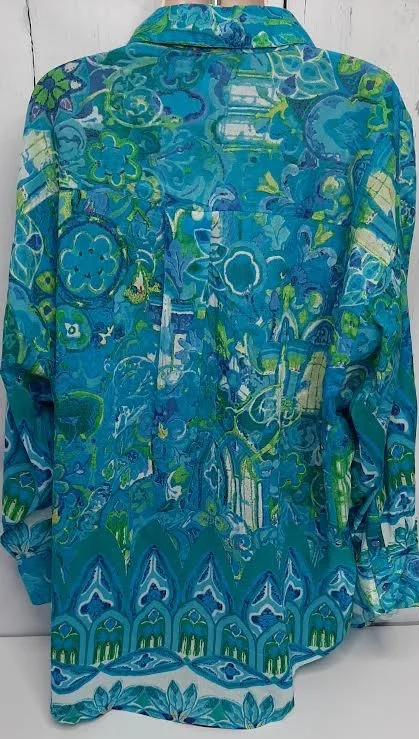 Shirt-3/4 Sleeve-Sheer Ocean Blue, Button Front-Womens-42060