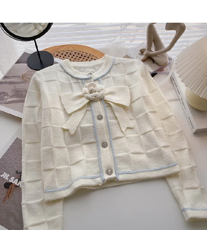 Xiaoxiang style pattern short sweater coat bow flower long sleeve top  6190