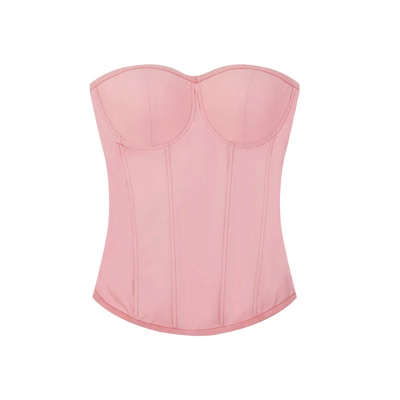 Zerocircle Solid Color Black Pink Sleeveless Bandeau Fishbone Corset Slim Top