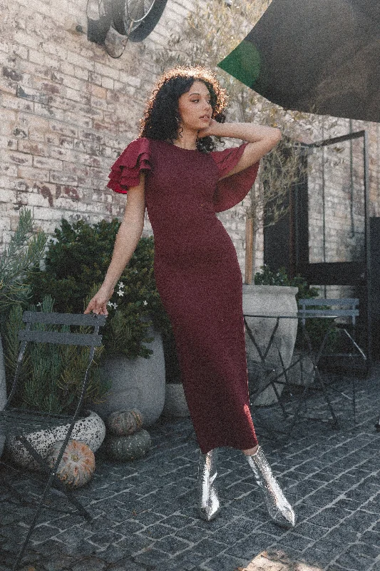 Cally Ruffle Sleeve Midi Dress - Wine