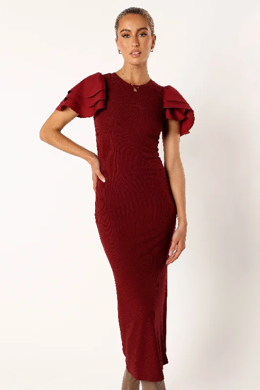 Cally Ruffle Sleeve Midi Dress - Wine