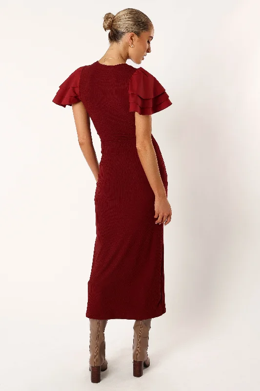 Cally Ruffle Sleeve Midi Dress - Wine