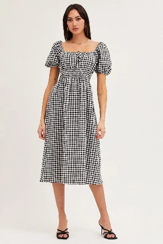 Check Dress Short Sleeve Midi Square Neck