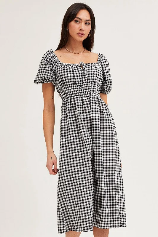 Check Dress Short Sleeve Midi Square Neck