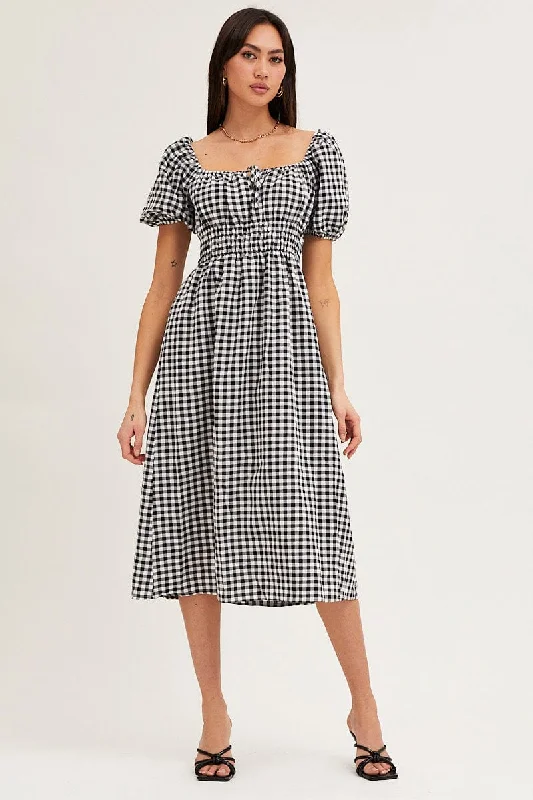 Check Dress Short Sleeve Midi Square Neck