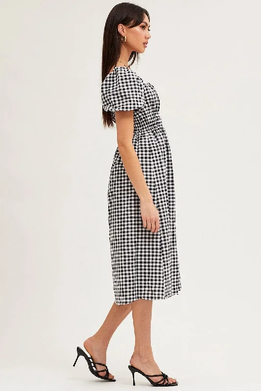 Check Dress Short Sleeve Midi Square Neck