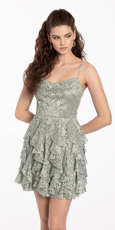 Drape Neck Lace Fit and Flare Dress with Heat Set Beads