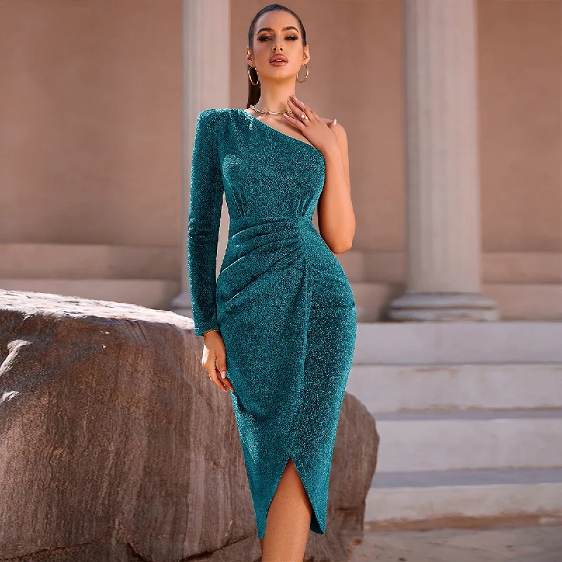 Elegant Asymmetric, Ruched Bodycon One Shoulder Long Sleeve Evening Wear