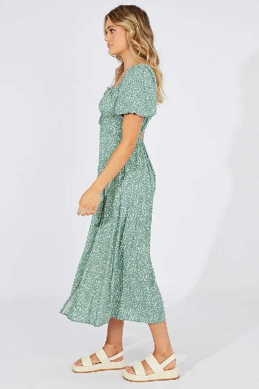 Green Floral Midi Dress Puff Sleeve Midi