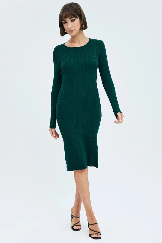 Green Knit Dress Long Sleeve Midi