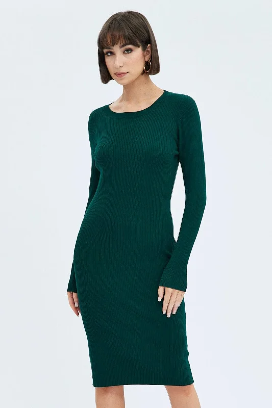 Green Knit Dress Long Sleeve Midi