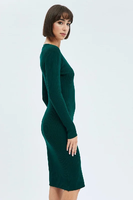 Green Knit Dress Long Sleeve Midi