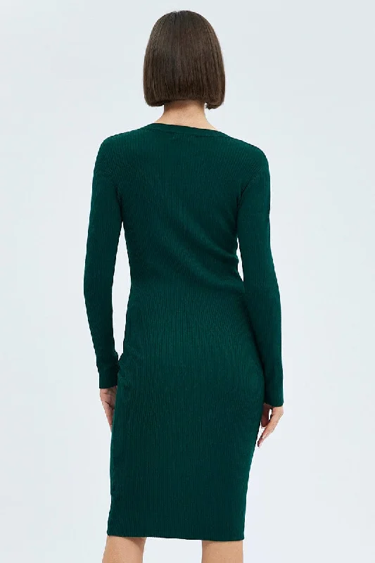 Green Knit Dress Long Sleeve Midi