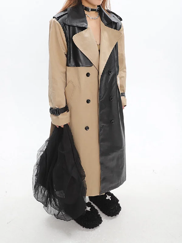 Lilliana Black Brown Patchwork Button Up Long Pu Leather Coat