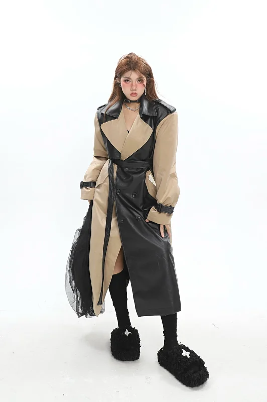 Lilliana Black Brown Patchwork Button Up Long Pu Leather Coat