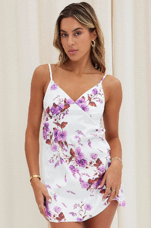 Multi Floral Slip Nightie Satin Strap Night Dress Floral