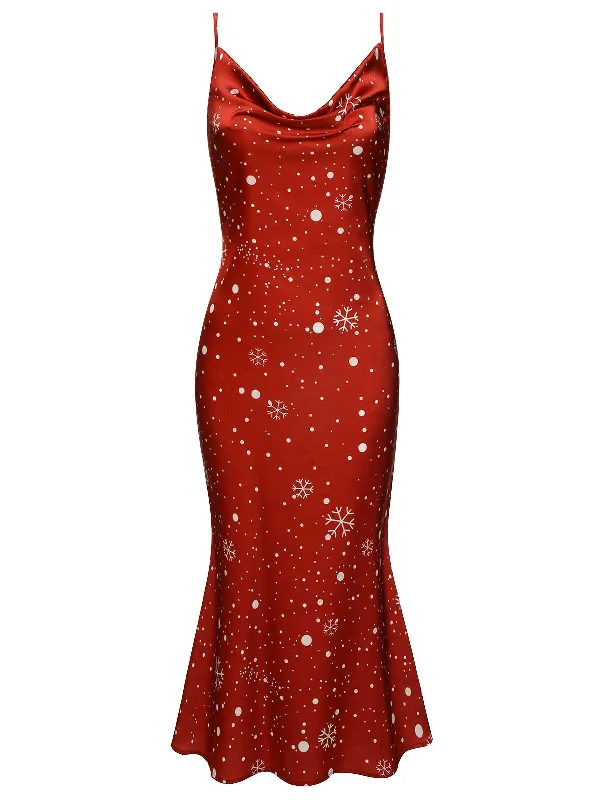 Red 1930s Christmas Strap Snowflake Mermaid Dress